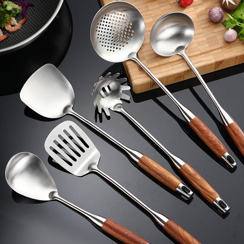 GXONE Cooking Utensils Set 7pcs 304 Stainless Steel Kitchen Utensils Set with Holder Heat Resistant Wooden Handle Kitchen Tools - Image 4